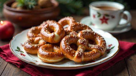 Lebkuchen Brezeln auf einem Teller neben Kaffee und Tee