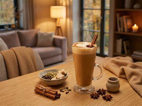 Lebkuchen auf einem Teller mit Tasse Chai Latte