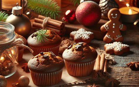 Lebkuchen-Muffins frisch gebacken auf Backgitter, umgeben von winterlicher Deko und Zutaten