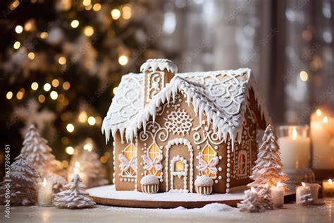 Lebkuchenhaus mit Puderzucker-Stärkemischung als Zuckerguss