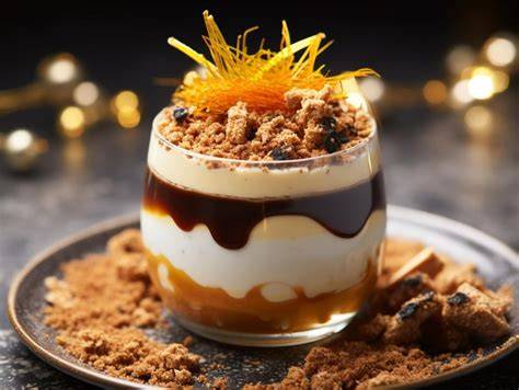 Lebkuchenparfait im Glas garniert mit Schokoraspeln und Gewürzen