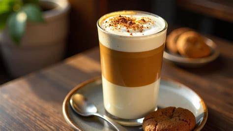 Leckerer Latte Macchiato Kuchen auf einem Kuchenständer mit Marmormuster und Tasse Kaffee daneben
