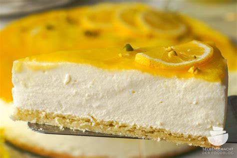 Limoncello Torte aufgeschnitten mit Zitronenscheiben und Lemon Curd