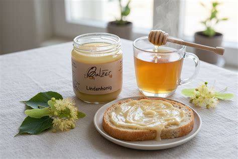 Lindenhonig im Tee; Löffel mit cremigem Honig