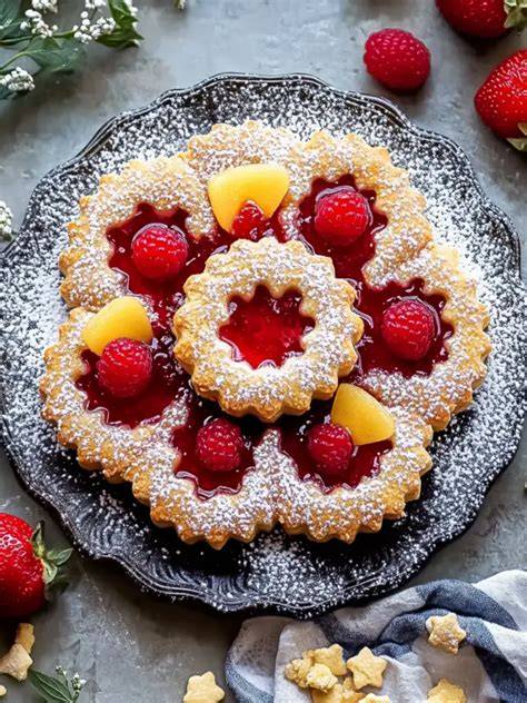 Linzer Kekse mit Johannisbeergelee, dekorativ auf Weihnachtsplatte