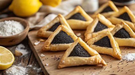 Linzer Mohnkekse auf Holzbrett mit Puderzucker bestäubt