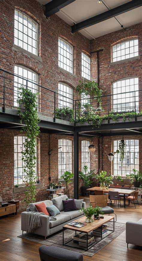 Loft-Interieur mit Backsteinwänden und hohen Bogenfenstern