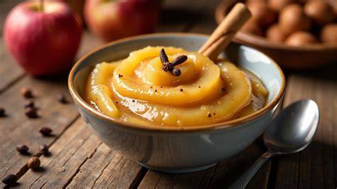 Low-Carb-Apfelkuchen mit Apfelmus, angerichtet auf rustikalem Brett, Zutaten drumherum