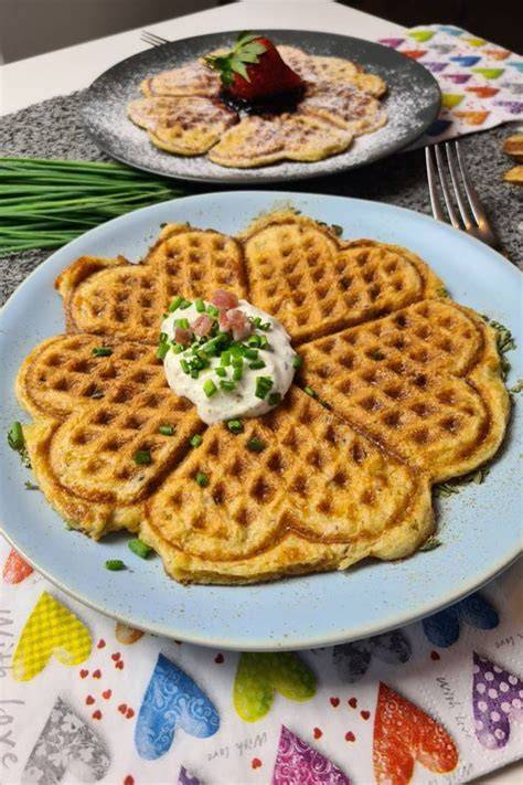 Low-Carb-Waffeln auf Teller, süß und herzhaft angerichtet