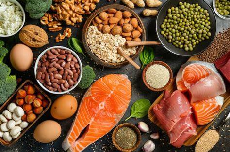 Low-Carb-Zutaten-Anordnung (Gemüse, Eier, Fisch, Nüsse)