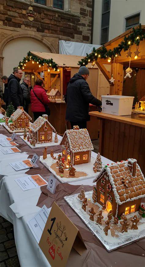 Lustige Lebkuchenfiguren und Lebkuchenhäuser auf einem Weihnachtsmarkt
