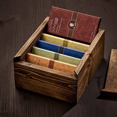 Luxus-Schokoladenverpackung mit Holzkiste