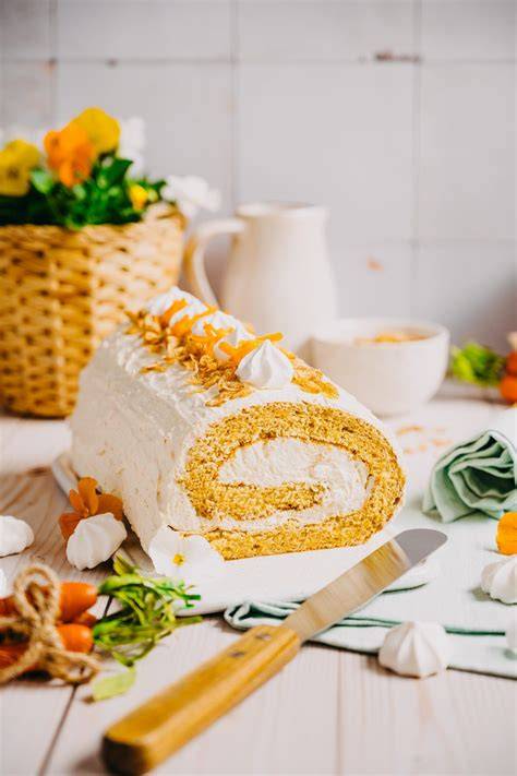 Möhren, Ostern, Biskuitrolle, gedeckter Kaffeetisch