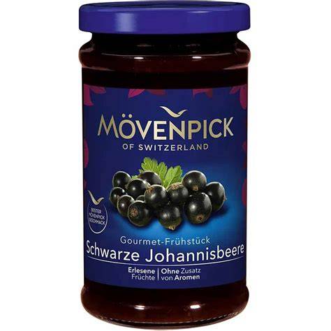 Mövenpick Marmelade Schwarze Johannisbeere Glas und schwarze Johannisbeeren