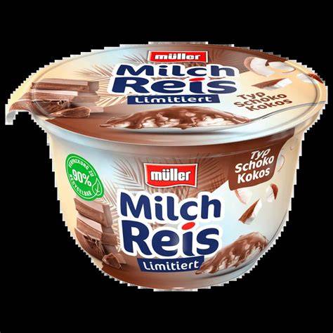 Müller Milchreis Sortiment mit Schoko Kokos und weiteren Sorten
