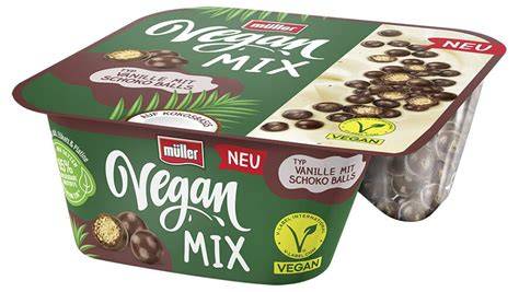 Müller vegane Produktreihe in einer Übersicht, Verpackungen sichtbar