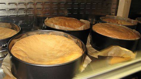 Mürbeteig und Biskuitteig in Springformen vor dem Backen