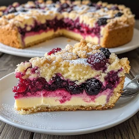 Mürbeteigkuchen mit Schmand-Pudding-Schicht und gemischten Beeren