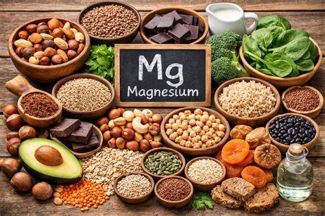Magnesiumreiche Lebensmittel, einschließlich dunkler Schokolade, Nüsse und grünes Gemüse