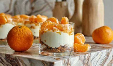 Mandarinen auf der Creme, geschichtet und mit Tortenguss überzogen