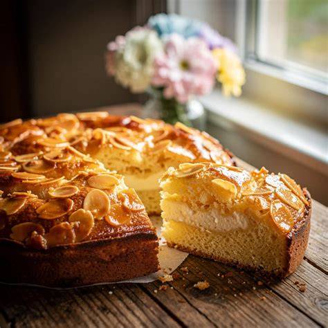 Mandarinen-Schmand-Kuchen auf rustikalem Holztisch, angeschnitten, Kaffee und Geschirr