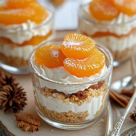 Mandarinenbecher im Glas mit Schichten aus Creme und Kekskrümeln