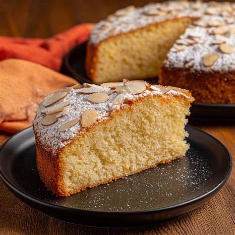 Mandelkuchen angeschnitten, Stücke auf Teller
