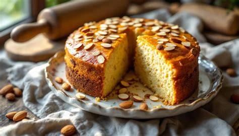 Mandelkuchen aufgeschnitten, saftige Krume