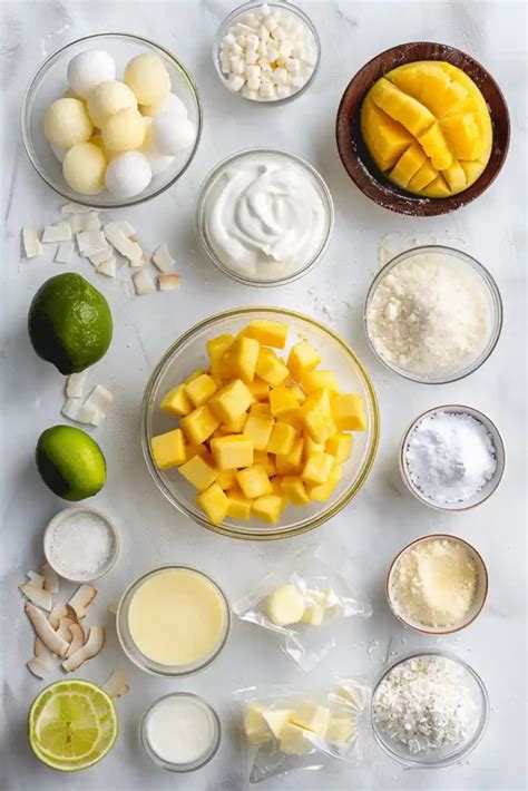Mango und Kokos Zutaten auf Holztisch