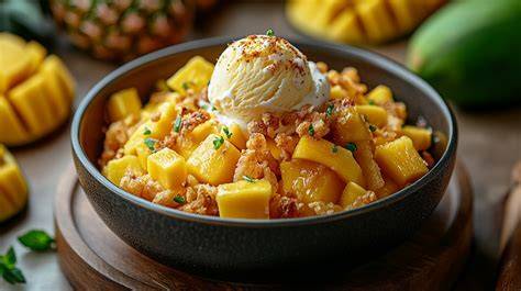 Mango-Ananas-Curry mit Eis serviert