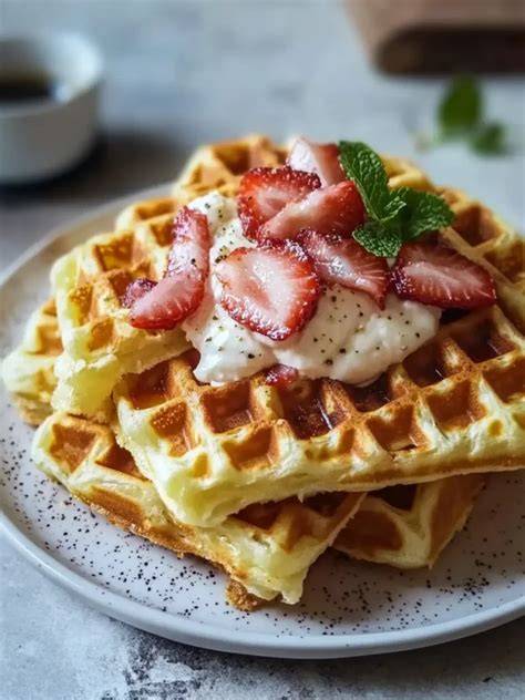 Mango-Waffeln mit Zutaten und verschiedenen Fruchtvarianten