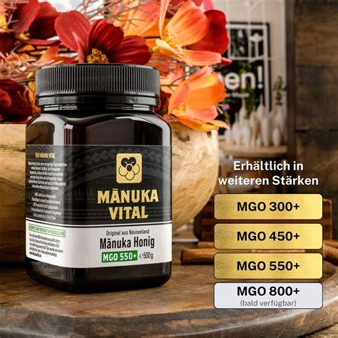 Manuka-Strauch, Blüten und Honigglas, Infografik zur Herkunft und MGO