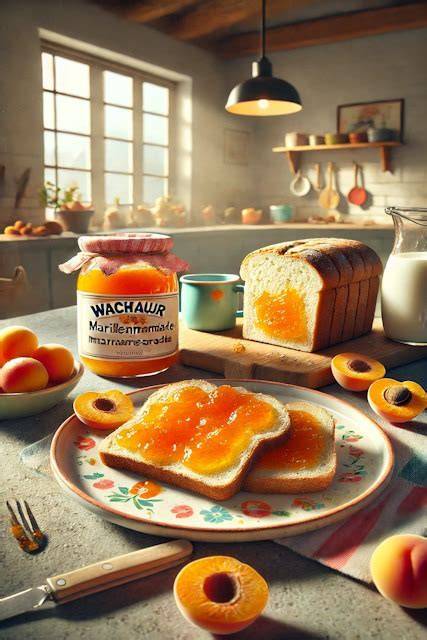 Marillenmarmelade auf frischem Brot - Frühstücksidee