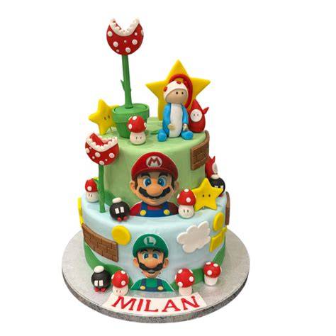 Mario und Luigi Geburtstagstorte auf thematischer Tortenplatte