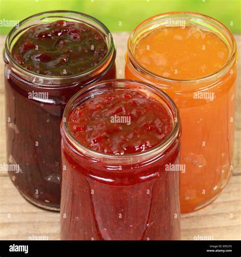 Marmelade einkochen - verschiedene Sorten und Früchte in Gläsern