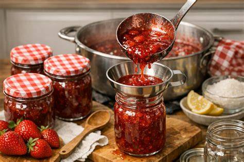 Marmelade wird in Gläser gefüllt