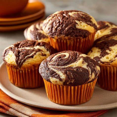 Marmor Muffins auf einem Teller, halbiert, Innenansicht mit Schoko- und Vanille-Marmorierung