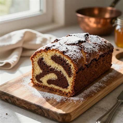 Marmorkuchen nach dem Backen, dekoriert mit Puderzucker