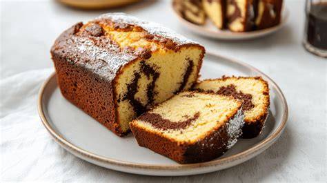 Marmorkuchen ohne Eier, frisch angeschnitten auf einem Teller