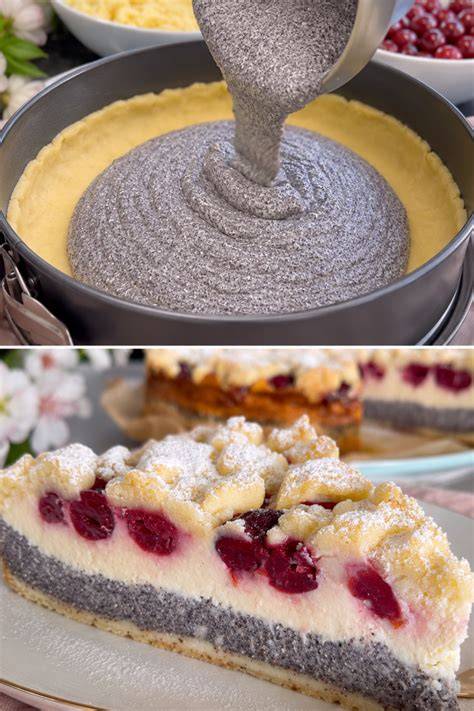 Marzipan-Mohn-Kuchen mit Puderzucker bestäubt