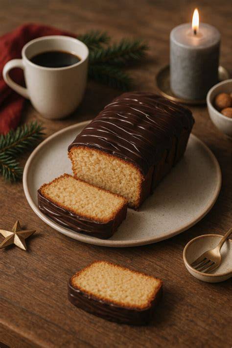 Marzipan-Ruhrkuchen in Kastenform, Anschnitt mit Schokoguss