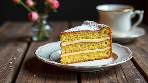 Marzipantorte angeschnitten, Kuchengabel und Tassenkaffee