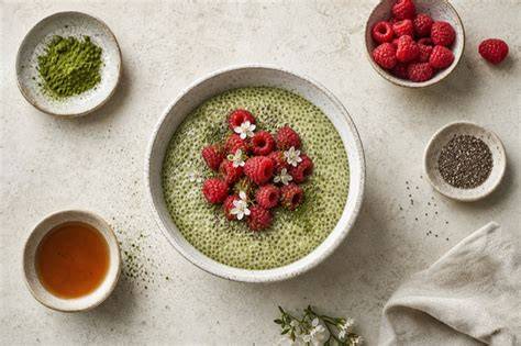 Matcha und Chiasamen in Schüssel, Zutaten für Pudding