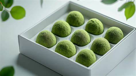 Matcha-Pralinen auf einer Geschenkplatte