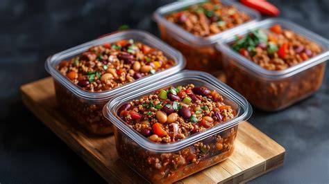 Meal-Prep-Behälter mit Portionen Chili