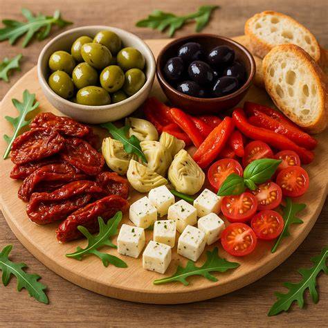 Mediterrane Platte: Tapas mit Ziegenkäse, Honig, Oliven, Kräutern