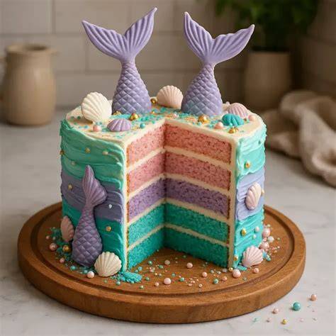 Meerjungfrau-Torte auf Kindergeburtstag, bunt dekoriert