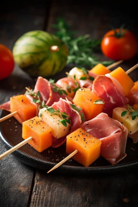 Melone-Schinken-Spieße auf Servierplatte dekoriert