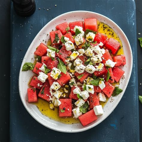 Melonen- und Erdbeerscheiben in erfrischendem Pfefferminzsirup