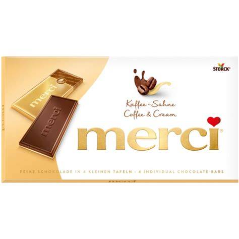 Merci Kaffeesahne Pralinen Verpackung und einzelne Stücke